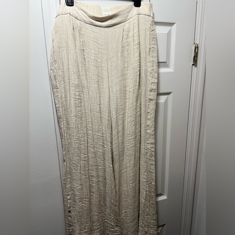 Beige rayon/polyester lined dress pants, elastic waistband, wide legs,pockets.